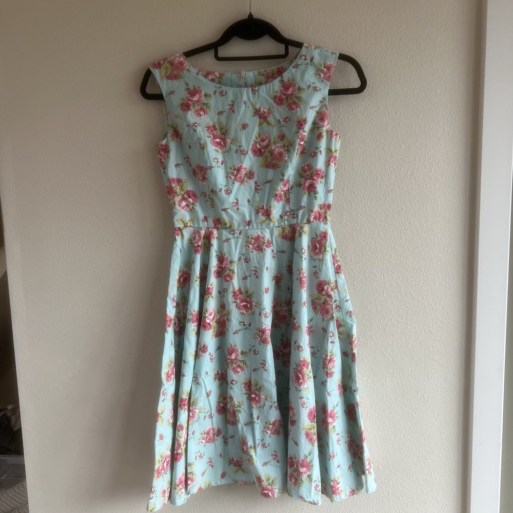 Fifties Chic Blue Pink Floral Swing Dress Small Sleeveless Fit‎ And Flare Easter